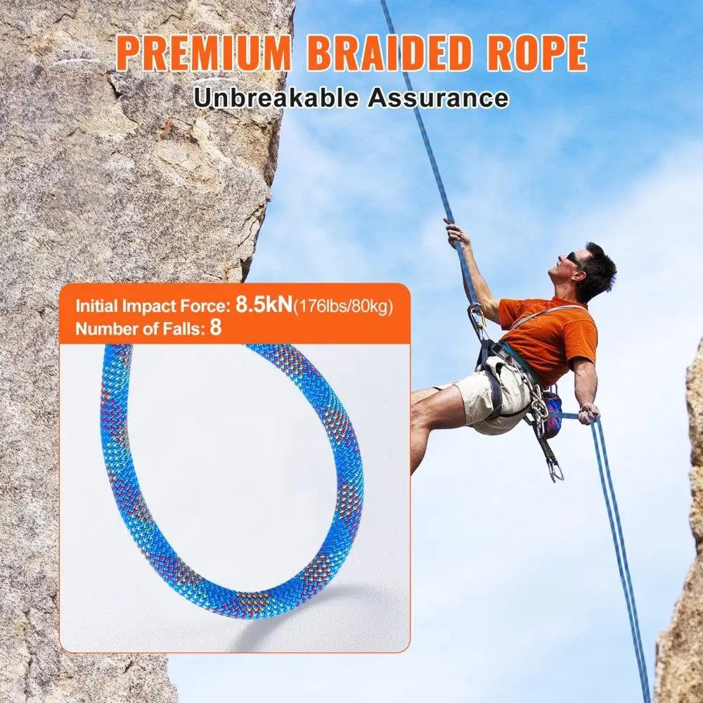 Dynamic Climbing Rope 10.2mm 60M 25KN Breaking Strength Fiber Rope with Steel Snap Hooks for Outdoor Rock Climbing and Rappelling