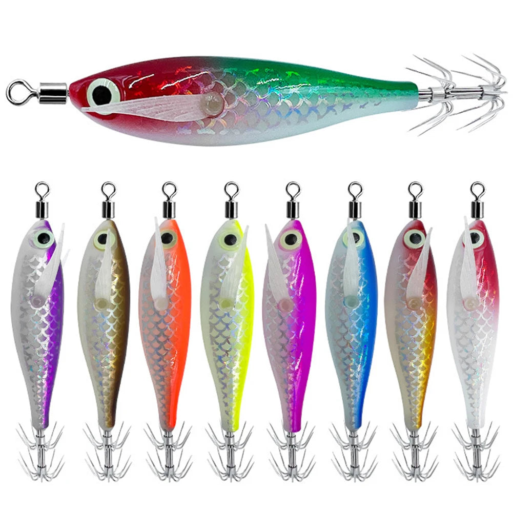 1-10PCS 9.5g Laser Luminous Squid Jig Floating Horizontal Wood Shrimp Egi Lure Bait Octopus Cuttlefish Fishing Baits 8cm