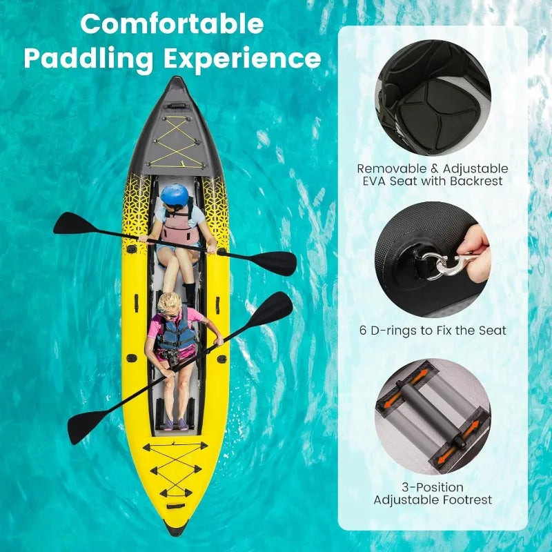 GYMAX Inflatable Tandem Kayak 12.5 Feet 507 Pounds Capacity with 2 Aluminum Paddles 2 Padded Seats Footrests 2 Fins Hand Pump and Carry Bag