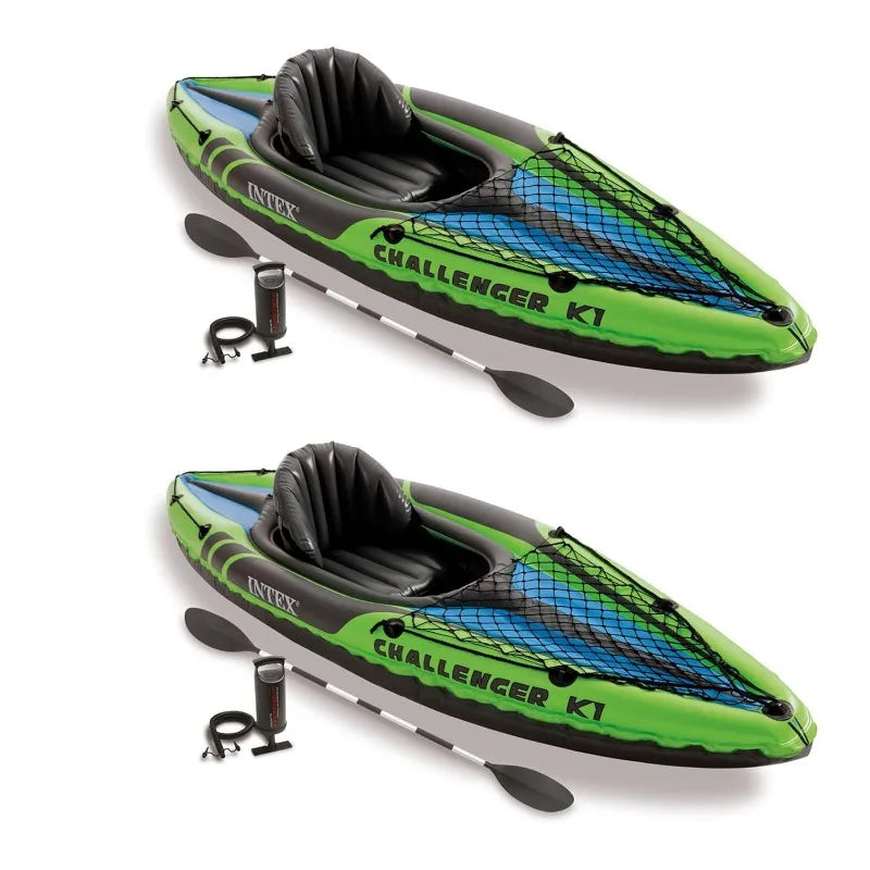 Intex Challenger K1 One Person Durable Vinyl Kayak with Inflatable Seat Oar Pump Carrying Bag