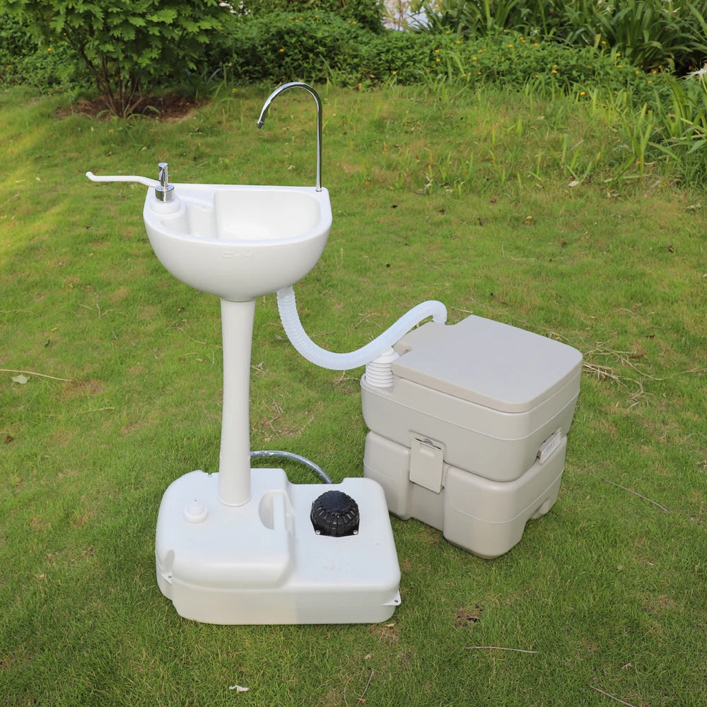 Outdoor Portable Camping Sink with Toilet Standing Hand Wash Basin with Foot Pump and Water Tank for RV Travel Fishing