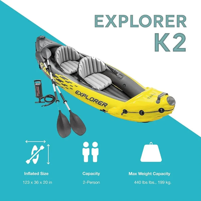 Intex 68307EP Explorer K2 Inflatable Kayak Set with Deluxe 86 Inch Aluminum Oars and High Output Pump Super Strong PVC