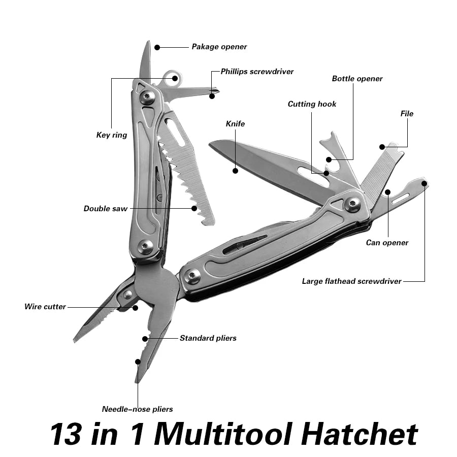14 in 1 Multi Tool Pliers Stainless Steel Folding Pocket Knife Compact Survival Gear for EDC Camping Hiking Maintenance