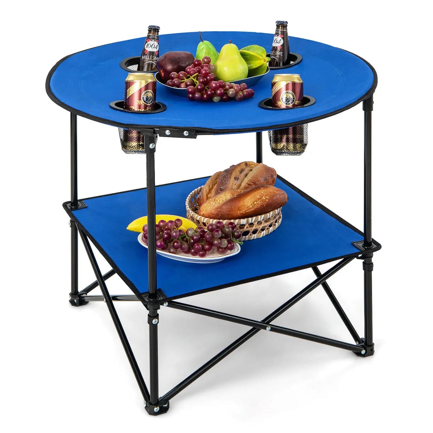 2 Tier Foldable Camping Table with Carrying Bag and 4 Cup Holders for BBQ and Camping