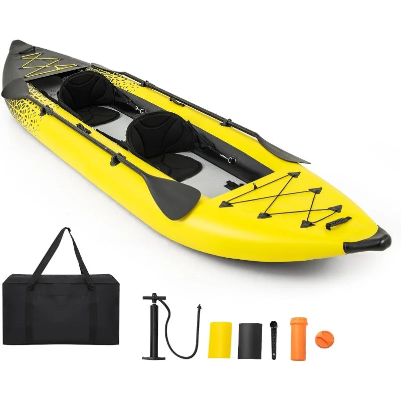 GYMAX Inflatable Tandem Kayak 12.5 Feet 507 Pounds Capacity with 2 Aluminum Paddles 2 Padded Seats Footrests 2 Fins Hand Pump and Carry Bag