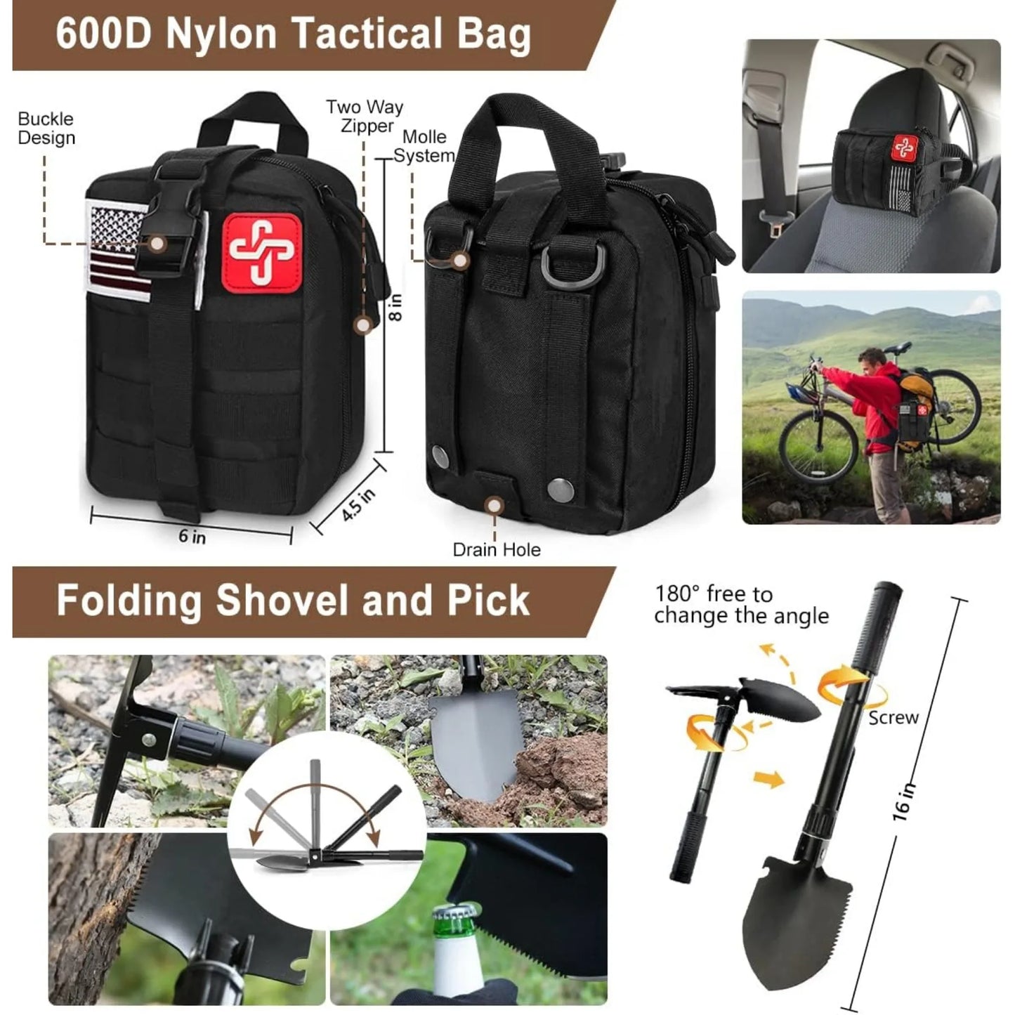 238 Pieces Emergency Survival Kit Professional Survival Gear Tool with Tactical Molle Pouch and Emergency Tent for Earthquake