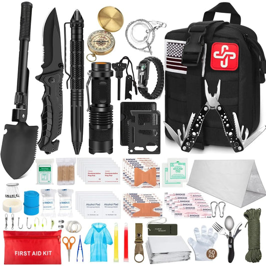 238 Pieces Emergency Survival Kit Professional Survival Gear Tool with Tactical Molle Pouch and Emergency Tent for Earthquake