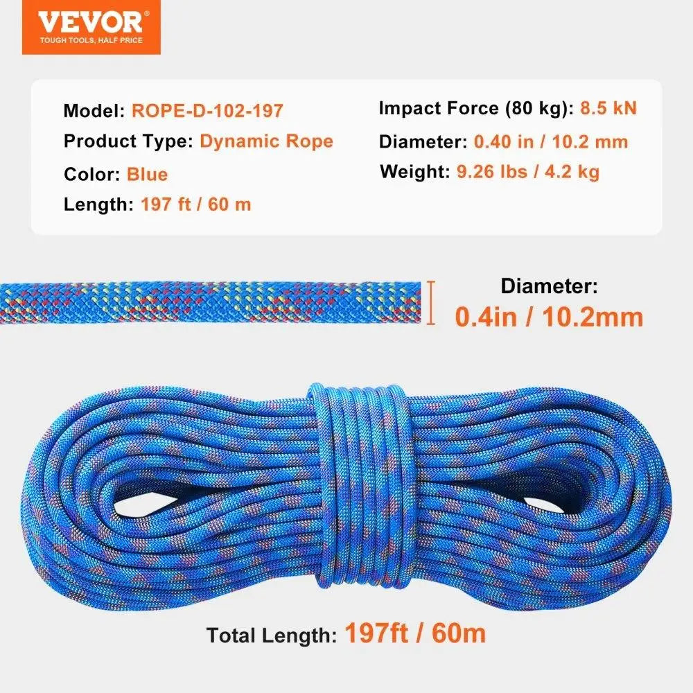 Dynamic Climbing Rope 10.2mm 60M 25KN Breaking Strength Fiber Rope with Steel Snap Hooks for Outdoor Rock Climbing and Rappelling