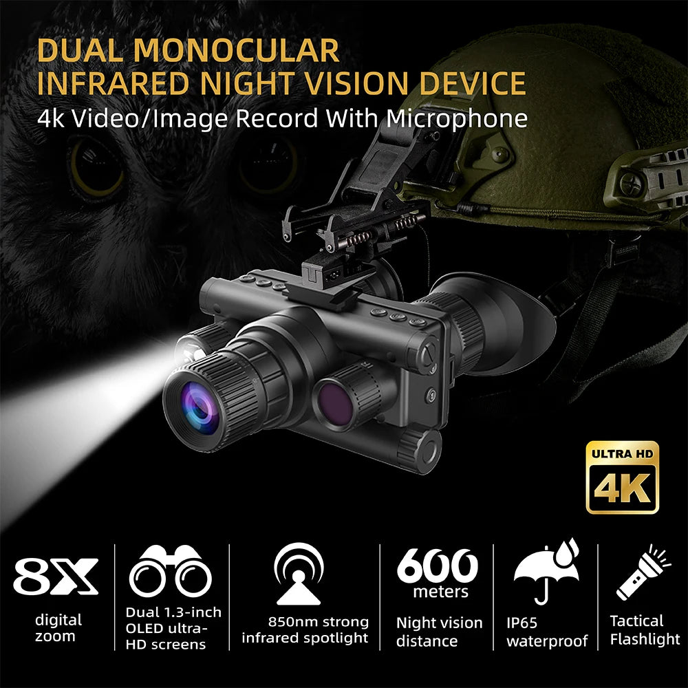 4K UHD Gen 2 3 Night Vision Hunting Binoculars 600m Head Mounted Helmet 8x Zoom NG Night Vision Goggles with Tactical Flashlight