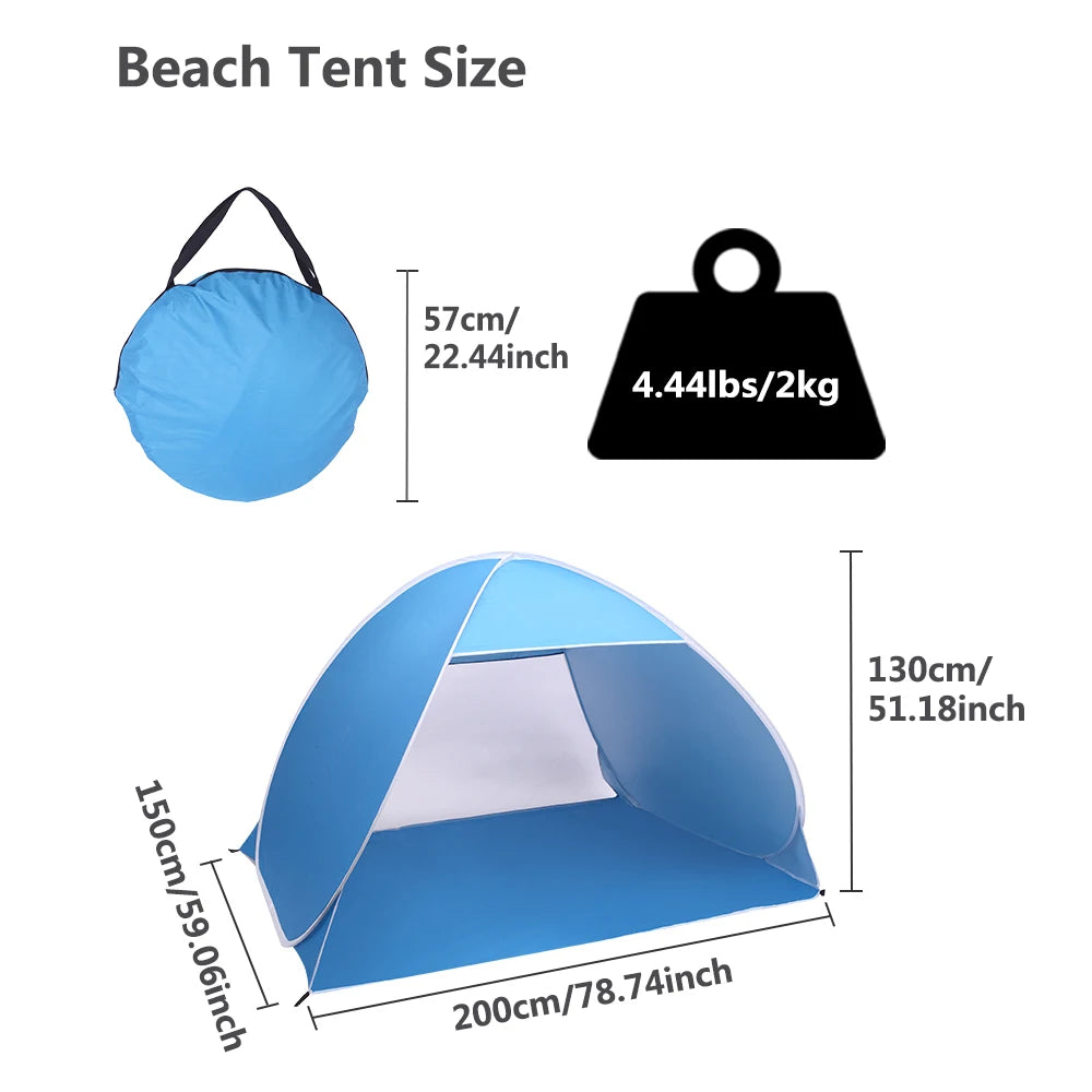 2-3 Person Beach Tent Pop Up Sun Shelter Automatic Umbrella Fishing Shelter Blue