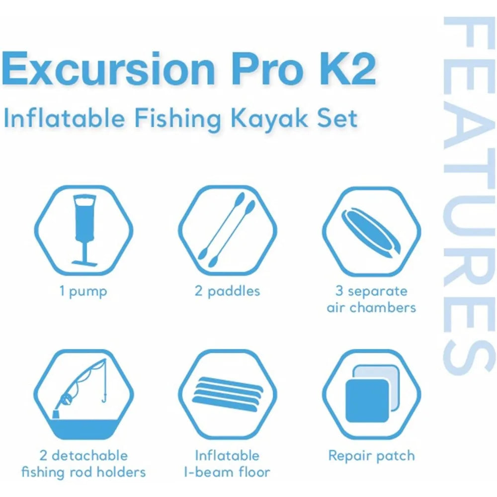 68309EP Excursion Pro K2 Inflatable Kayak Set with Deluxe 86 Inch Paddles and High Output Pump