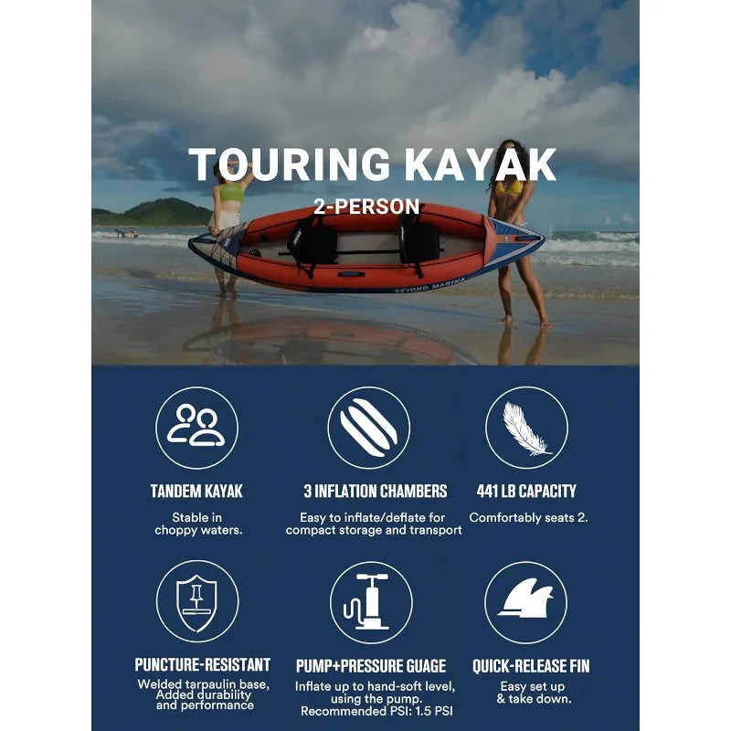Beyond Marina Inflatable Kayak 2 Person Recreational Touring Kayak with Hand Pump and Pressure Gauge Fishing Tandem Kayak 11.15 FT