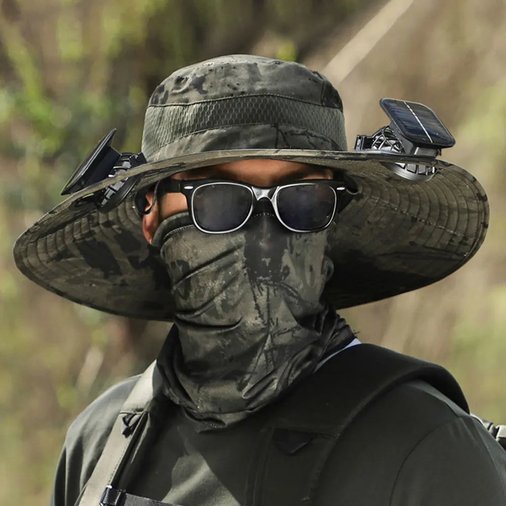 Solar Fan Hat Outdoor Fishing Hat with 2 Solar Fans Wide Brim Bucket Hat Summer Cap for Men Camping Hiking