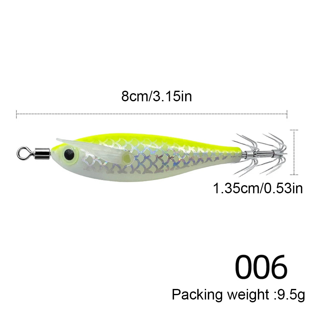 1-10PCS 9.5g Laser Luminous Squid Jig Floating Horizontal Wood Shrimp Egi Lure Bait Octopus Cuttlefish Fishing Baits 8cm