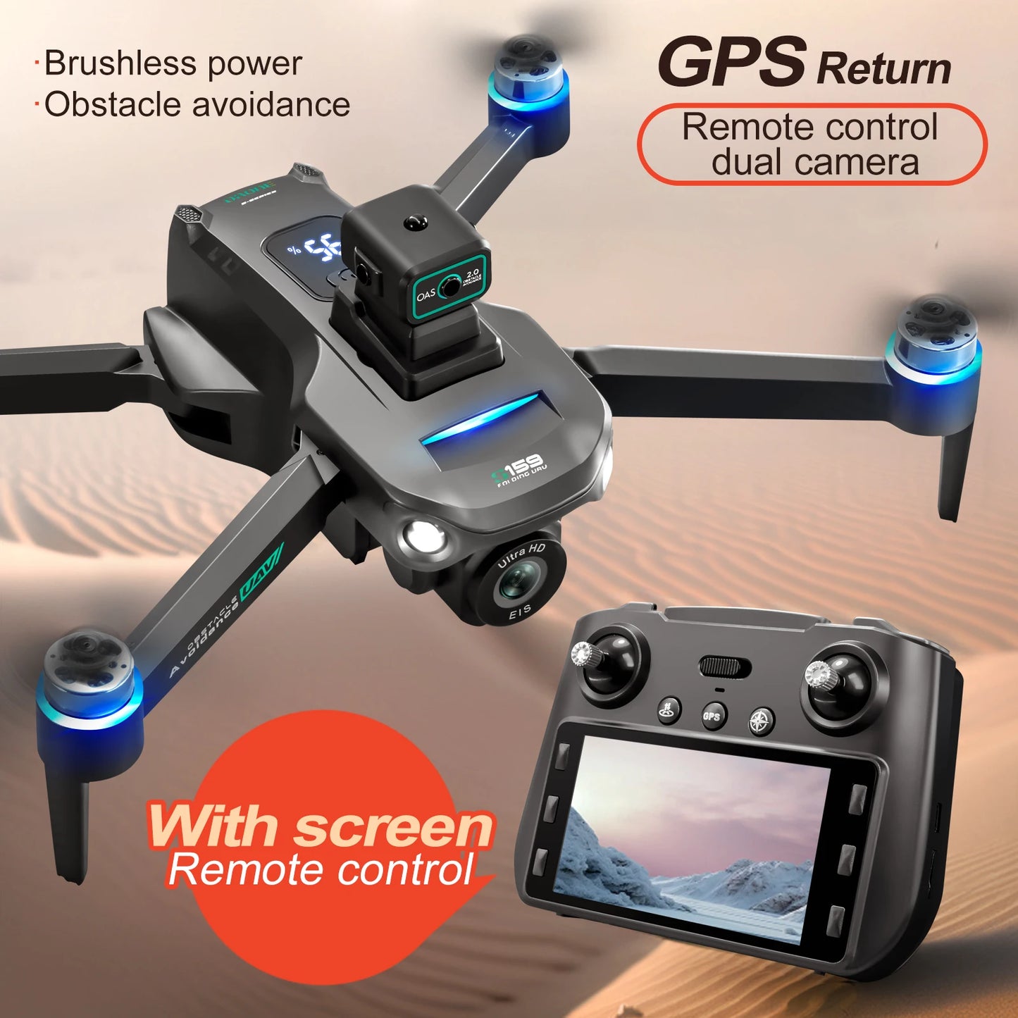 2025 Long Endurance GPS Drone with Dual Cameras 5.9 Inch LCD Remote Controller and Brushless Motor