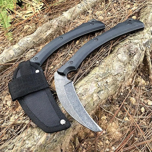 Full Tang Fixed Blade Sickle Knife Tactical Outdoor Camping Fishing Tool Stainless Steel Non Slip Grip Sheath