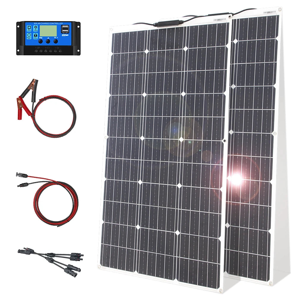 12V Flexible Solar Panel Kit 100W 200W Monocrystalline Waterproof Solar Charge Controller for RV Camping Outdoor