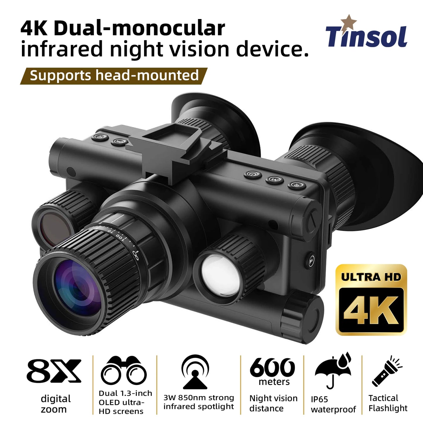 4K UHD Gen 2 3 Night Vision Hunting Binoculars 600m Head Mounted Helmet 8x Zoom NG Night Vision Goggles with Tactical Flashlight