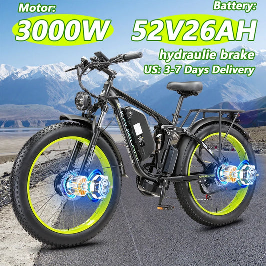 Electric Bike 3000W Dual Motor 52V 26AH Battery Hydraulic Brake Adult Off Road E Bike 24x4.0 Inch Fat Bike Snow Electric Bicycle