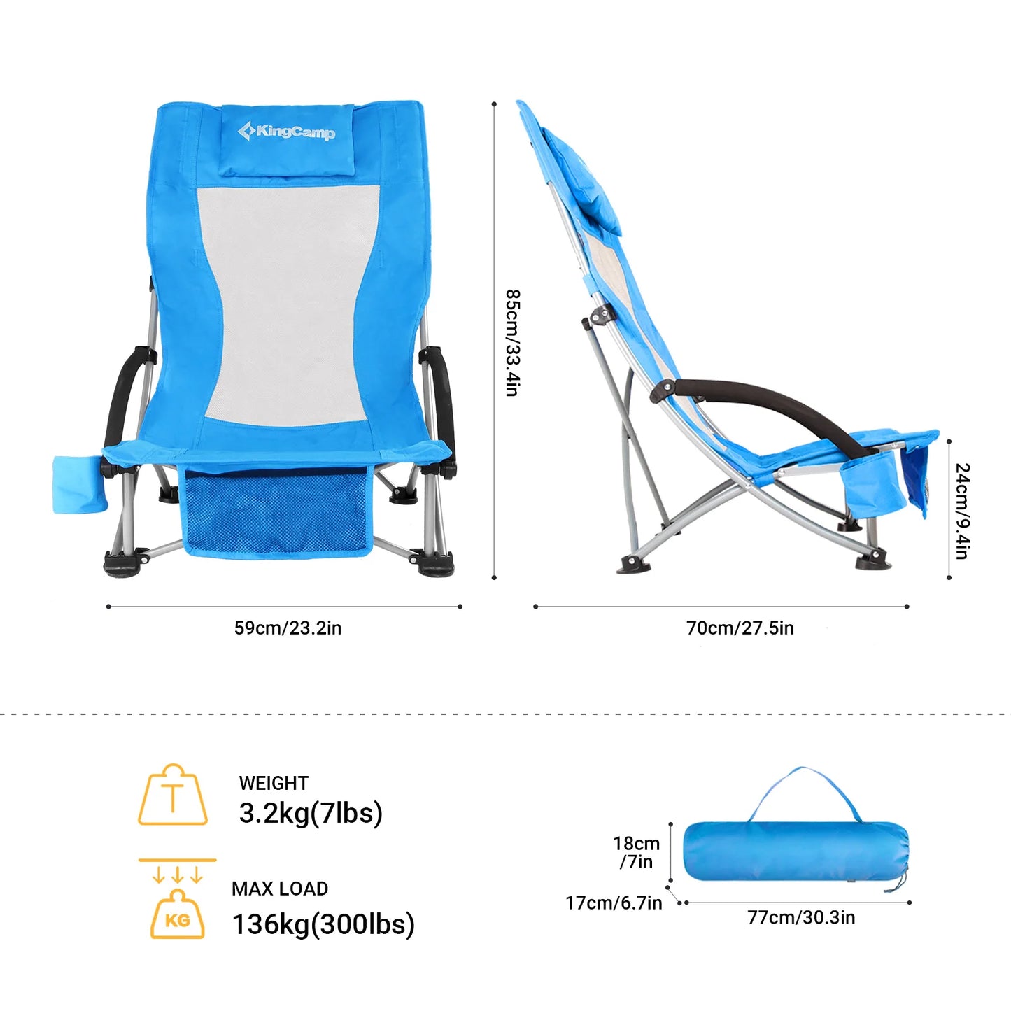 KingCamp High Back Beach Chair Backpack Chair Portable Camping BBQ Travel Picnic with Padded Armrests and Cup Holder