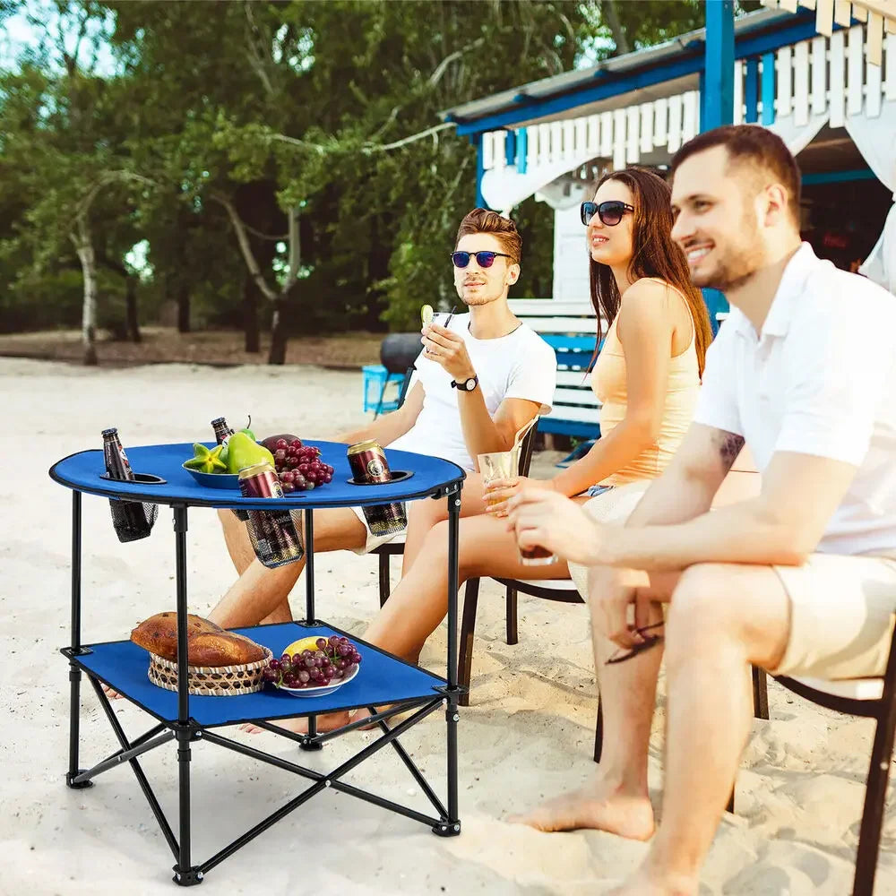 2 Tier Foldable Camping Table with Carrying Bag and 4 Cup Holders for BBQ and Camping