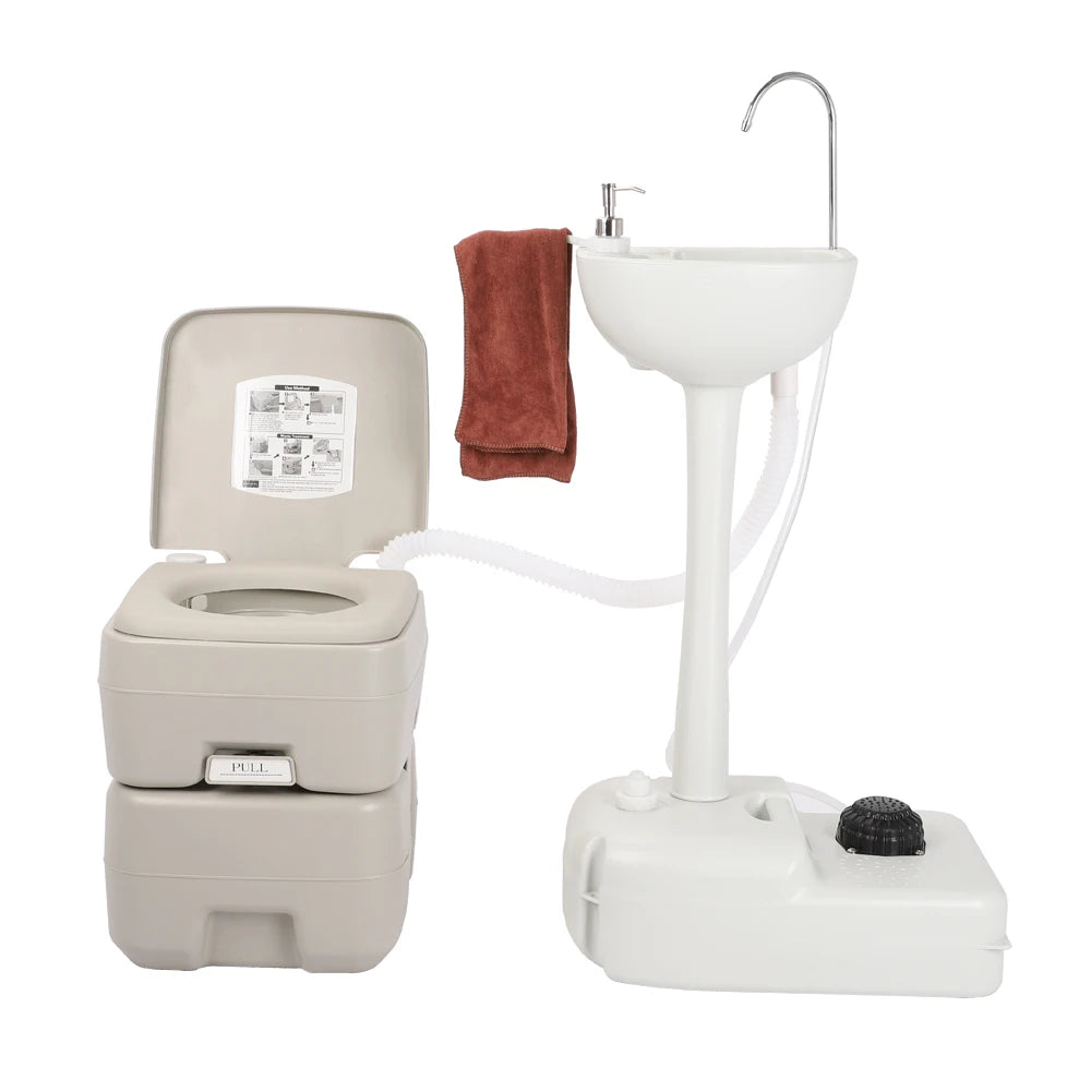 Outdoor Portable Camping Sink with Toilet Standing Hand Wash Basin with Foot Pump and Water Tank for RV Travel Fishing