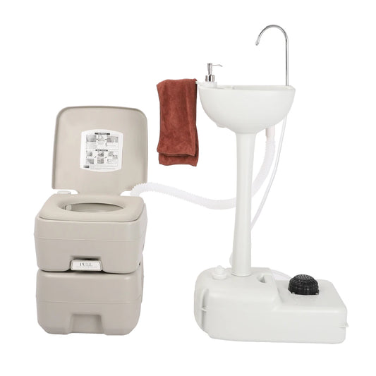Outdoor Portable Camping Sink with Toilet Standing Hand Wash Basin with Foot Pump and Water Tank for RV Travel Fishing