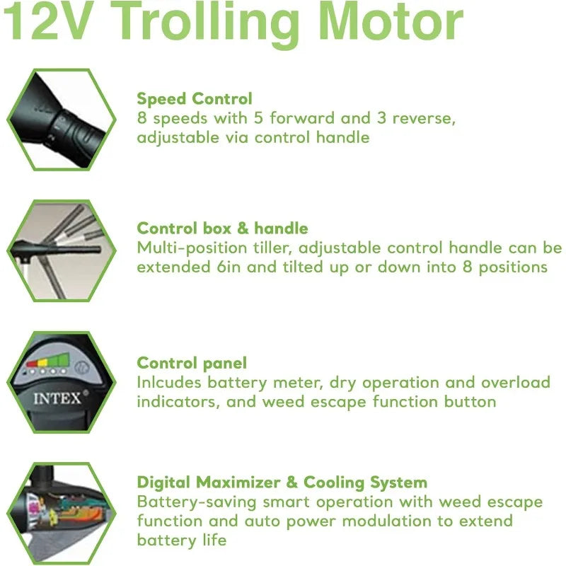 INTEX 68631E Transom Trolling Motor:Easy to Attach,Built-In Battery Meter,Weed Escape Mode,Suitable for Freshwater and Saltwater