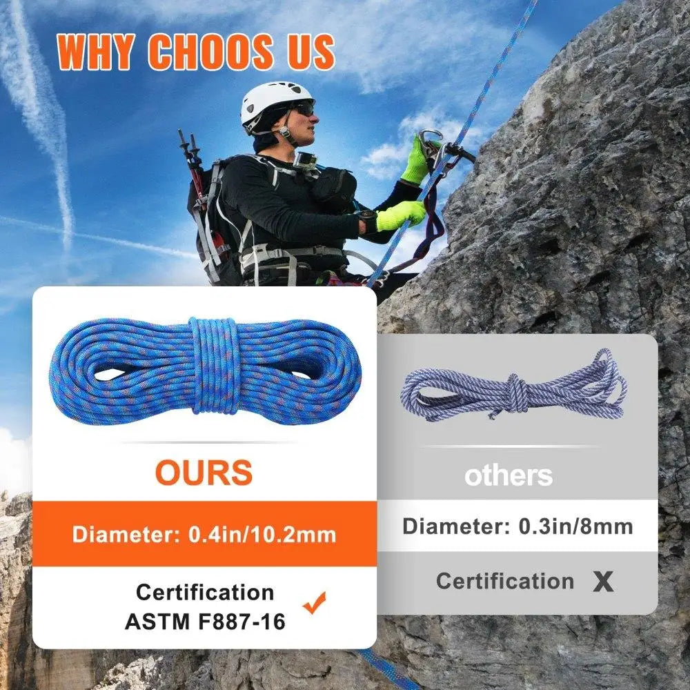 Dynamic Climbing Rope 10.2mm 60M 25KN Breaking Strength Fiber Rope with Steel Snap Hooks for Outdoor Rock Climbing and Rappelling