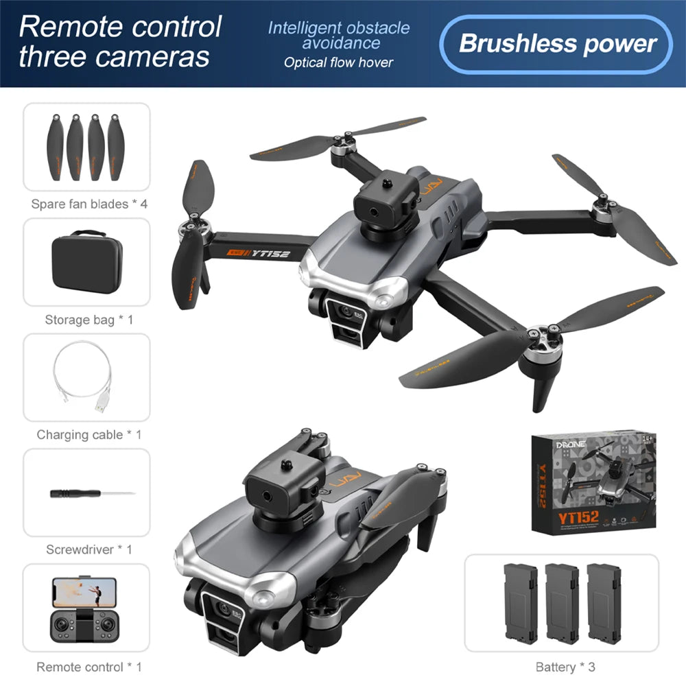 New YT152 Brushless Drone Four Axis Aircraft Electric Adjustment 4K FPV Three Camera Optical Flow Obstacle Avoidance Drone