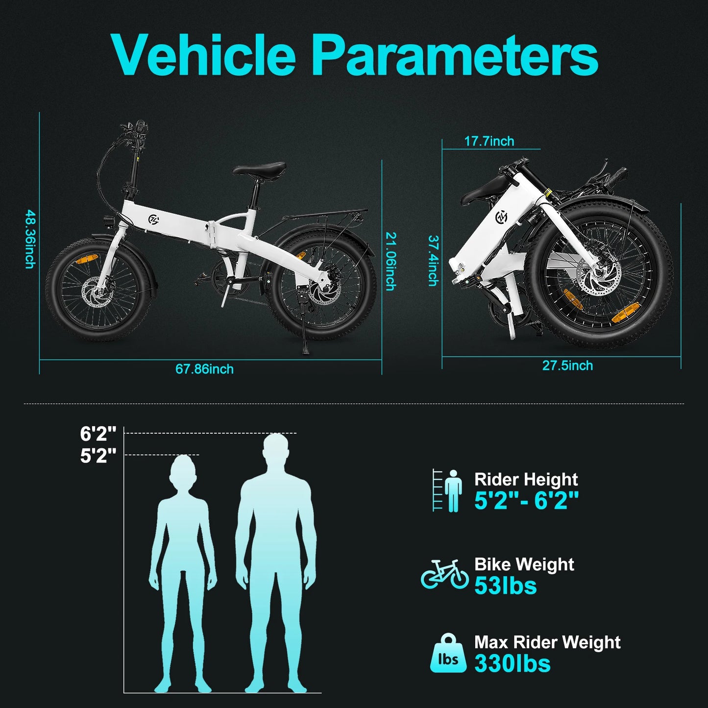 500W Adult Folding Electric Bicycle with 20 Inch Tires 48V 7.8Ah Max Speed 30-50Km/h 43 Miles Range Mini City Rider