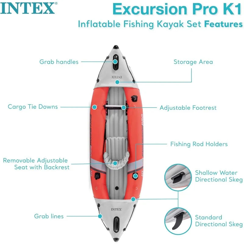 Intex Excursion Pro K1 Inflatable Kayak Set with Deluxe 86 Inch Paddles and High Output Pump Super Tough Design