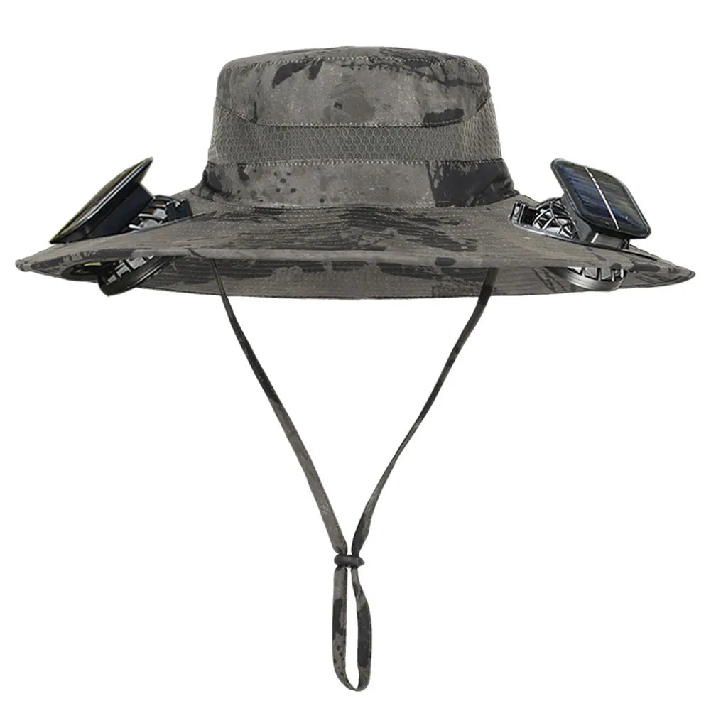 Solar Fan Hat Outdoor Fishing Hat with 2 Solar Fans Wide Brim Bucket Hat Summer Cap for Men Camping Hiking