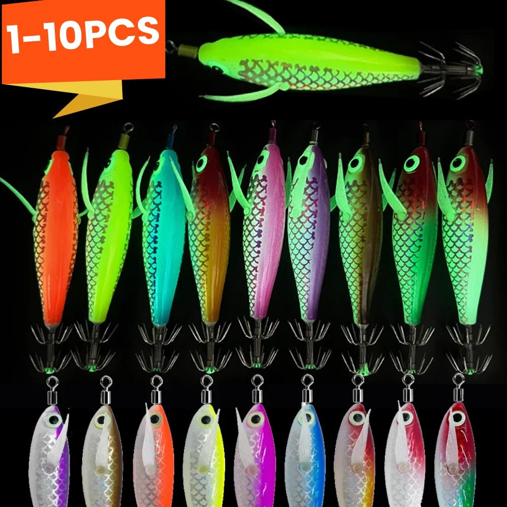 1-10PCS 9.5g Laser Luminous Squid Jig Floating Horizontal Wood Shrimp Egi Lure Bait Octopus Cuttlefish Fishing Baits 8cm