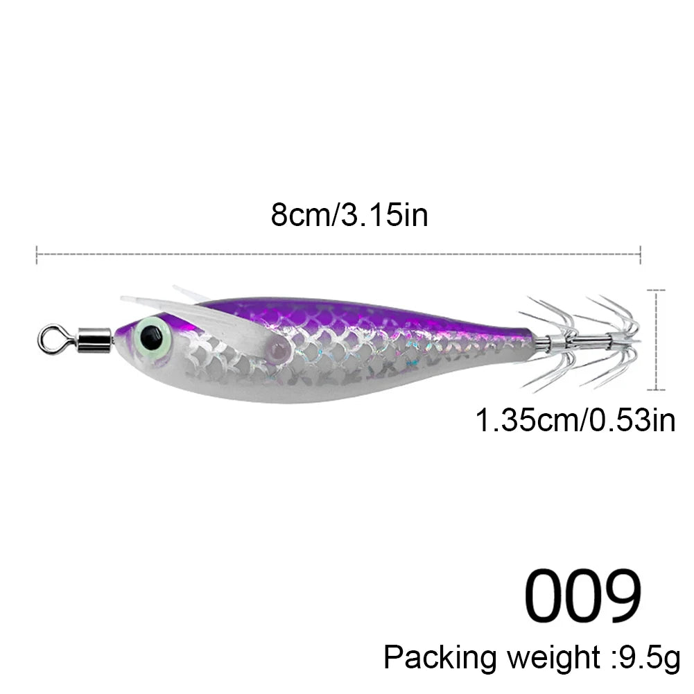 1-10PCS 9.5g Laser Luminous Squid Jig Floating Horizontal Wood Shrimp Egi Lure Bait Octopus Cuttlefish Fishing Baits 8cm