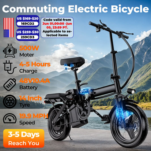 Lelekuai 500W Adult Electric Bike 20 MPH 48V 12Ah Removable Battery 14 Inch Folding Electric Bike Multi Shock Absorption