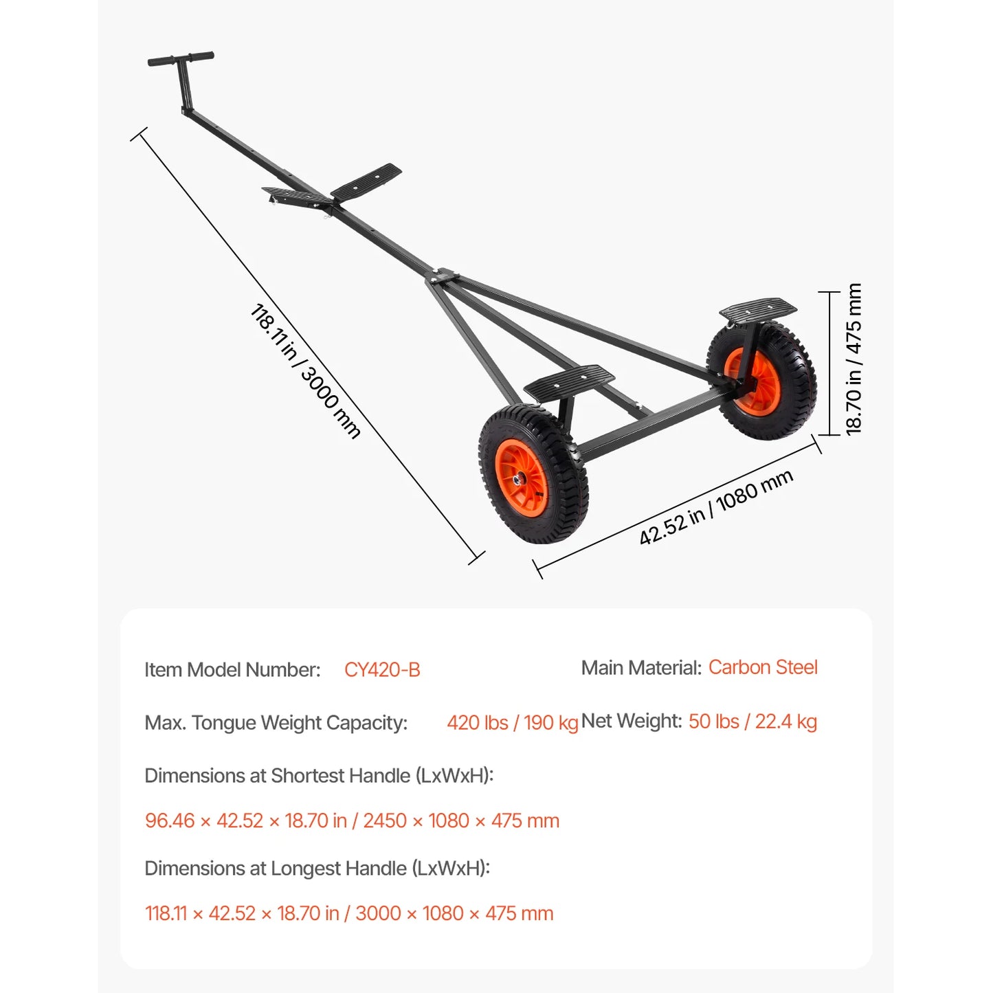 VEVOR 420 Pounds Boat Trailer Dolly Carbon Steel Kayak Mover with 15.7 Inch Pneumatic Tires and Bracket for Moving Motorboat and Fishing Boat