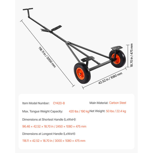 VEVOR 420 Pounds Boat Trailer Dolly Carbon Steel Kayak Mover with 15.7 Inch Pneumatic Tires and Bracket for Moving Motorboat and Fishing Boat