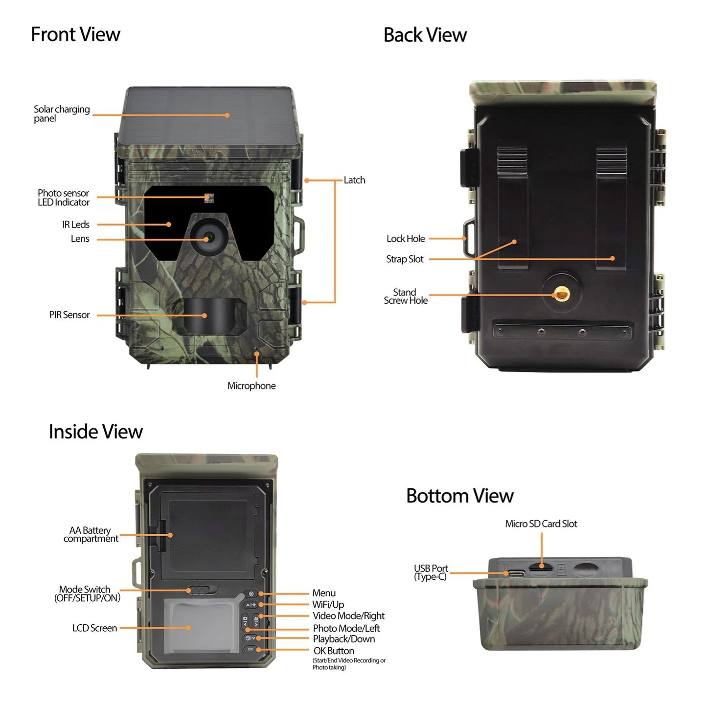 Solar Powered Night Vision Trail Camera 50MP 4K Hunting Camera 0.3s Trigger Time Wildlife Monitoring