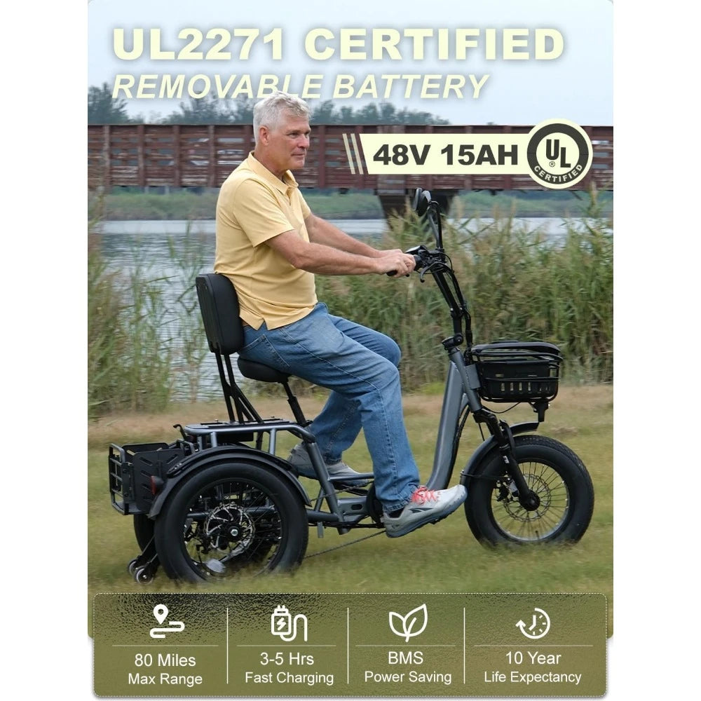 Folding Electric Tricycle with Reverse Gear and Rear Differential 4 Inch Wide Fat Tire Three Wheel Electric Bike