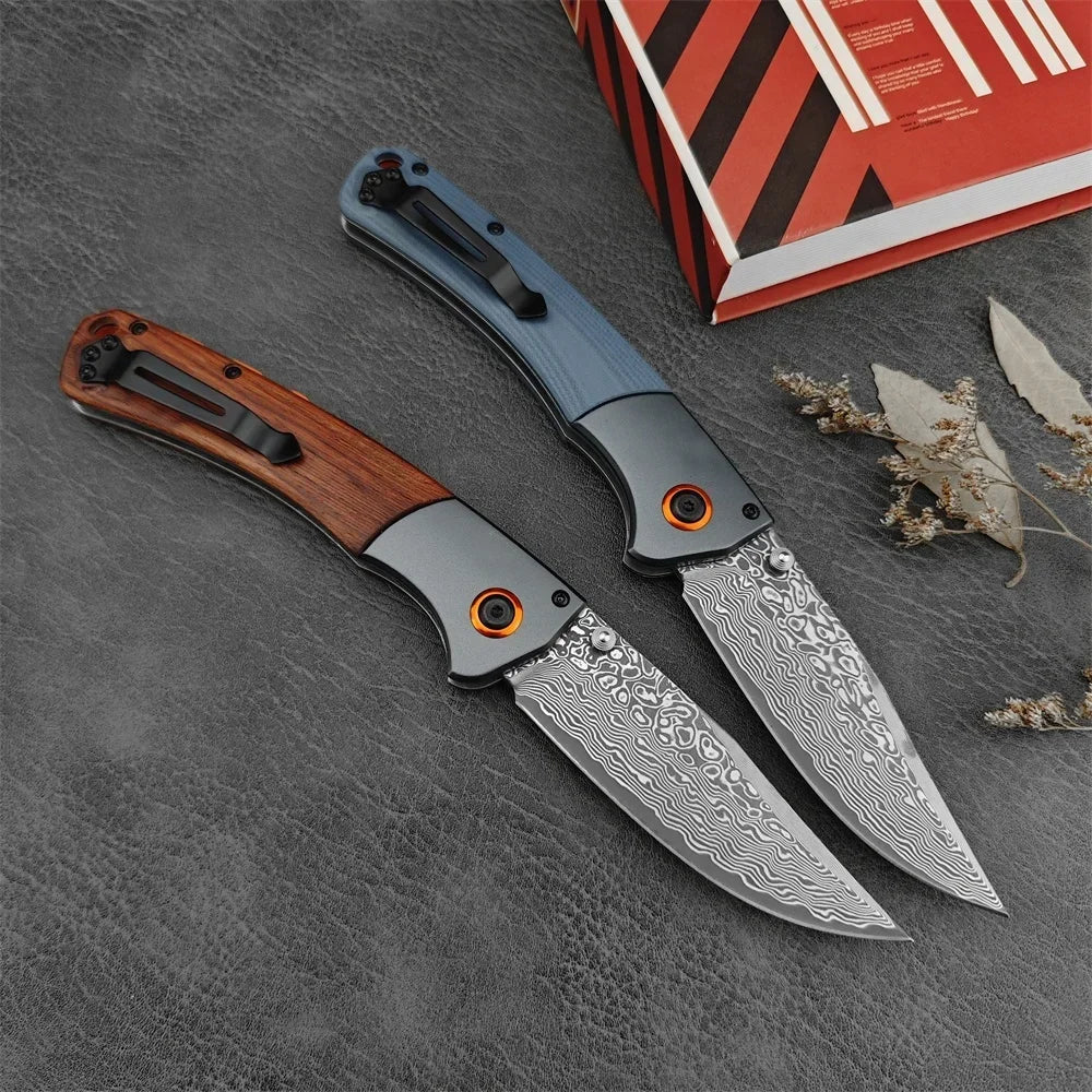 Damascus Steel Blade BM 15080 Crooked River Folding Knife Wooden G10 Handles Outdoor Camping Pocket Knives EDC Tactical Tool