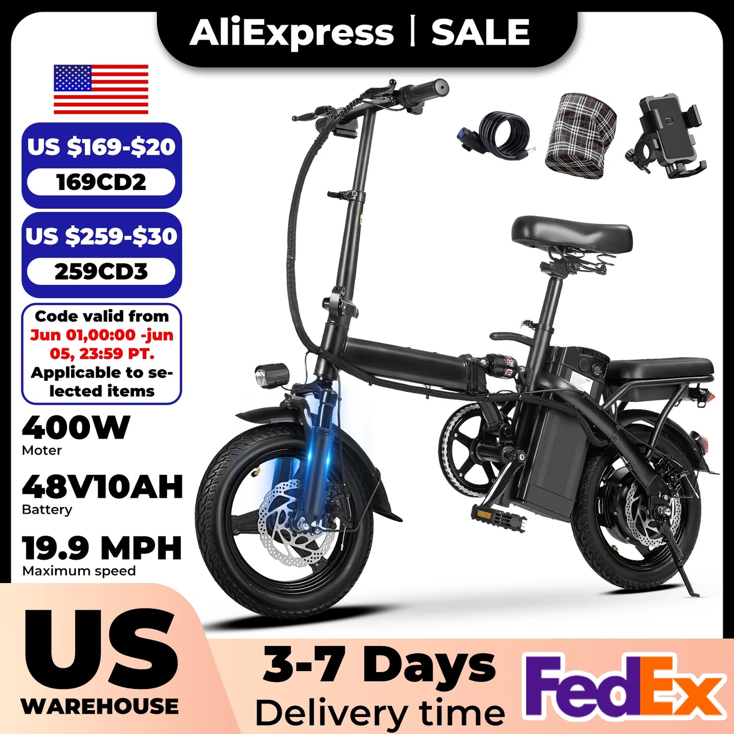 400W Dual Disc Brake Adult Foldable Electric Bicycle with Seat and Basket 14 Inches 48V 10.4Ah 22 Mile Range 20MPH