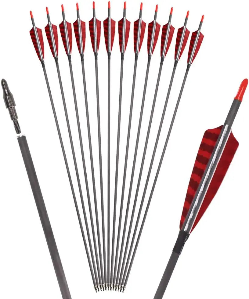 30 Inch Pure Carbon Arrows for Compound Bows 6 or 12 Pack Spine 600 700 with 100 Grain Screw Tips and 4 Inch Turkey Feathers