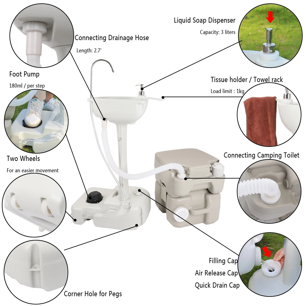 Outdoor Portable Camping Sink with Toilet Standing Hand Wash Basin with Foot Pump and Water Tank for RV Travel Fishing