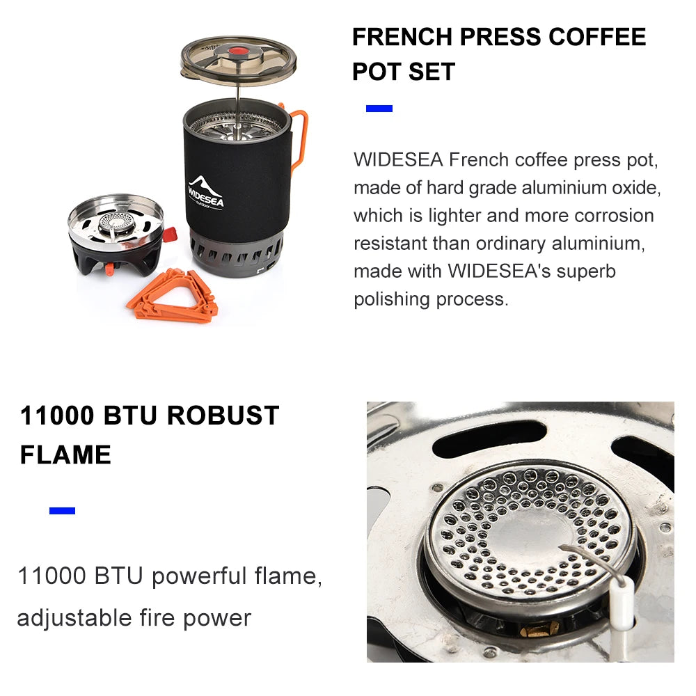 Widesea Camping Cooking System with Heat Exchanger Outdoor Gas Stove Burner and Coffee Pot Cookware Set