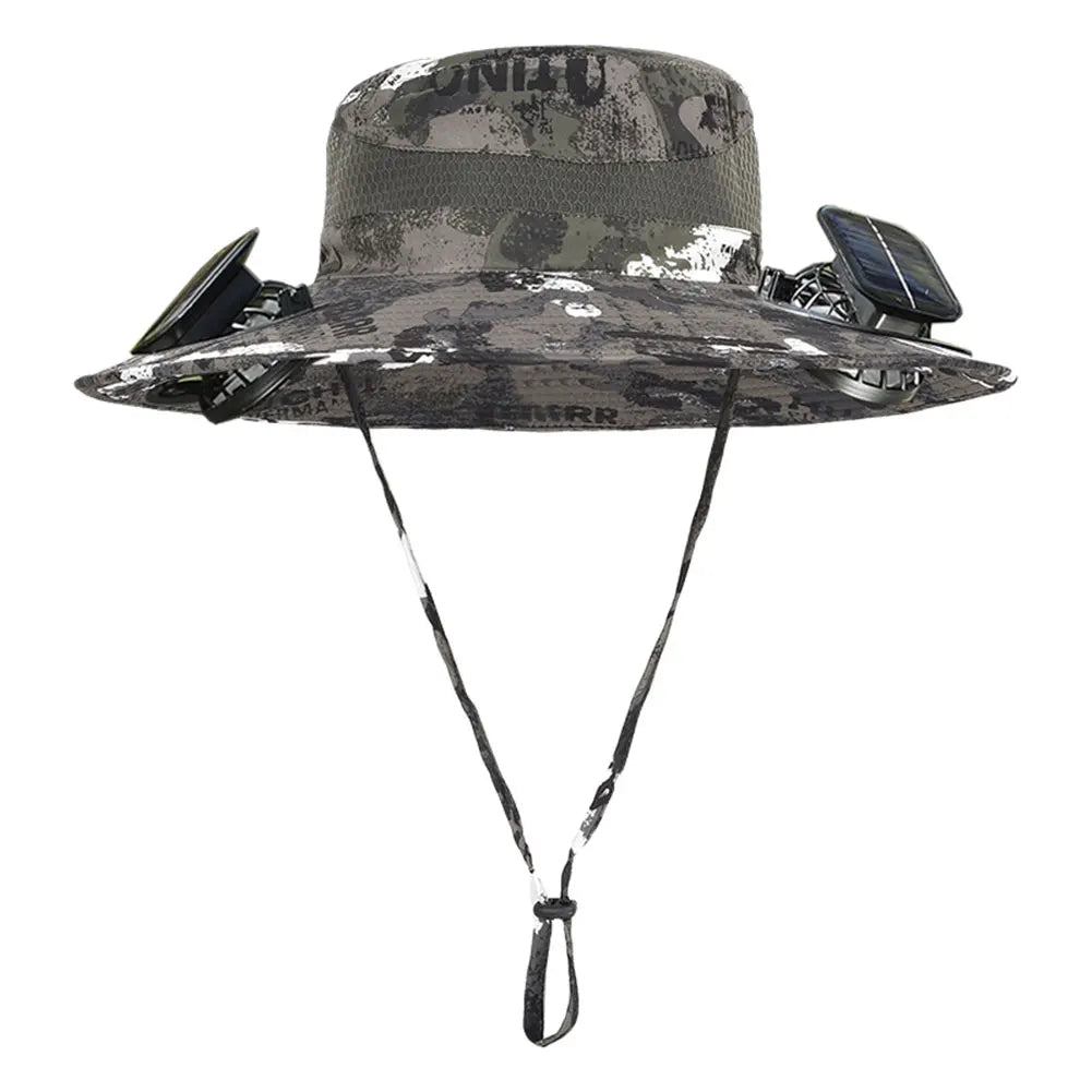 Solar Fan Hat Outdoor Fishing Hat with 2 Solar Fans Wide Brim Bucket Hat Summer Cap for Men Camping Hiking