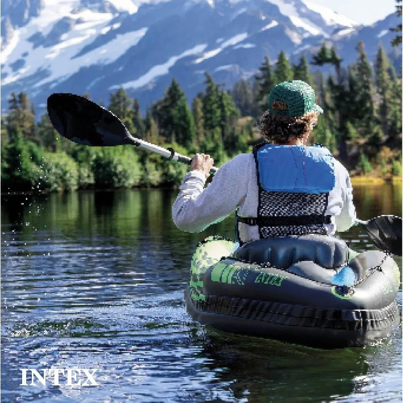 Intex Challenger K1 One Person Durable Vinyl Kayak with Inflatable Seat Oar Pump Carrying Bag